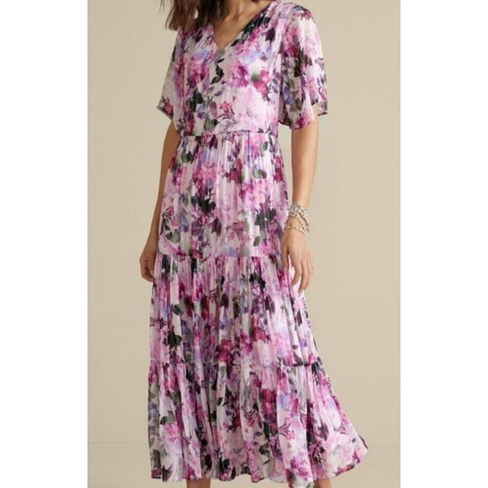 NEW‎ Soft Surroundings XSP Santhia Tiered Maxi Dress Floral Metallic Shimmer